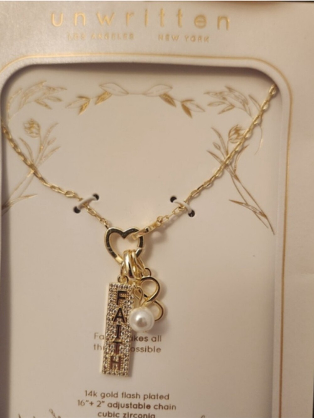 Unwritten 14k Gold Flash Plated FAITH Charm Necklace with Pearl and Infinity